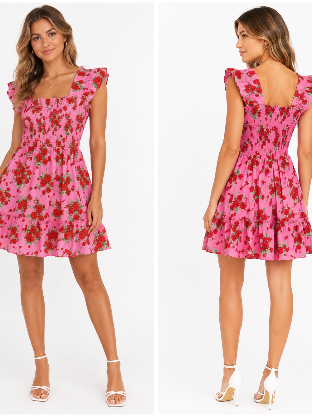 Smocked Pink Red Roses Printed Floral Mini Dress with Ruffle Shoulders